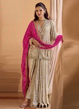 Beige Faux Georgette Hand Embroidered Sequins Dhoti Suit