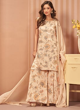 Beige Floral Digital Print Zari Sequins Chinon Palazzo Suit