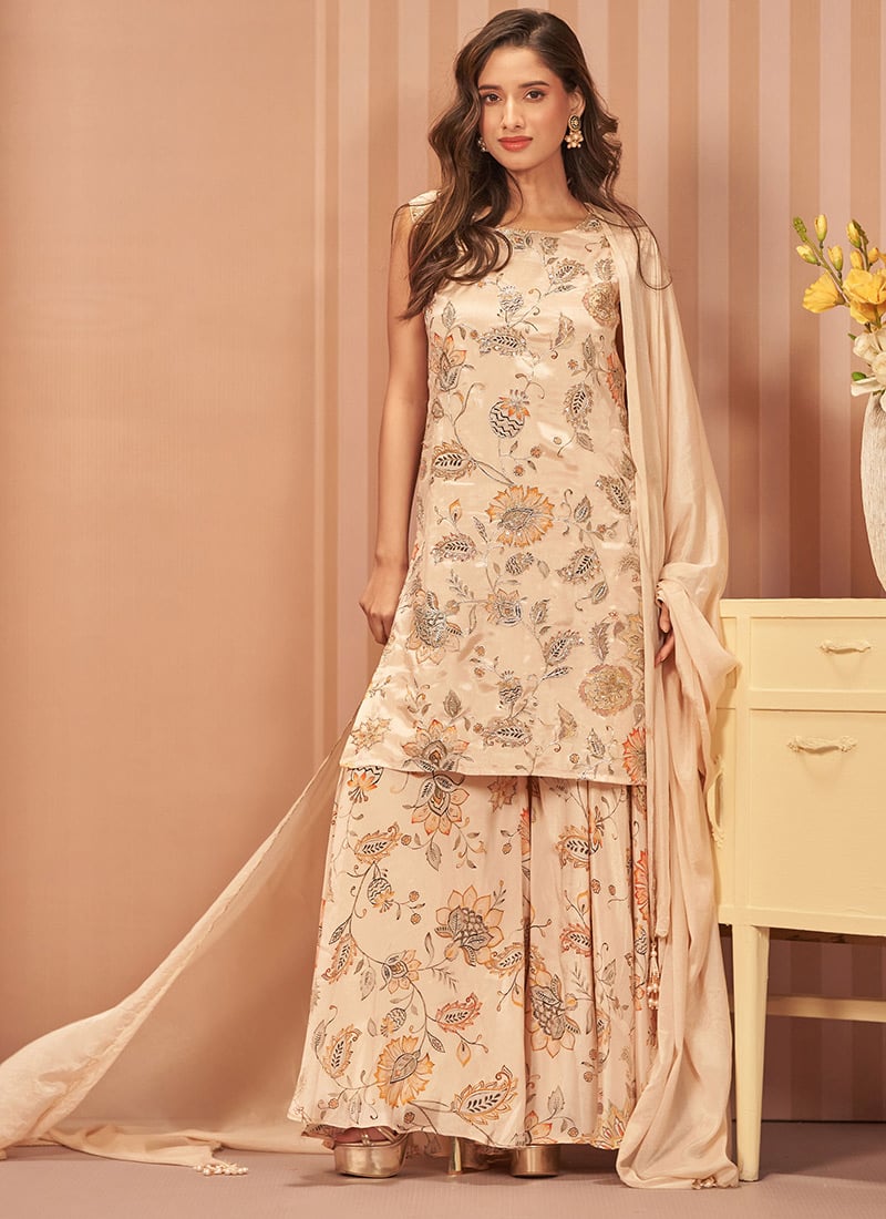 Beige Floral Digital Print Zari Sequins Chinon Palazzo Suit Festive Wear