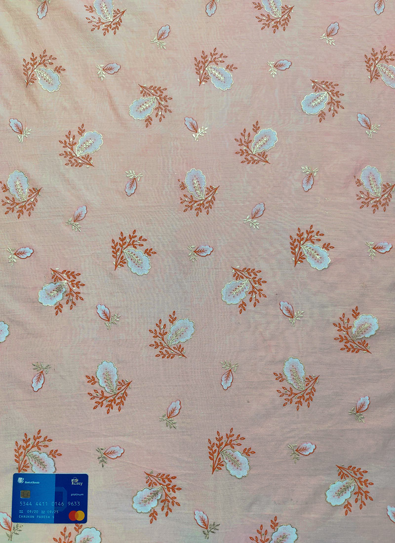 Peach Foil Printed Art Silk Cotton Fabric