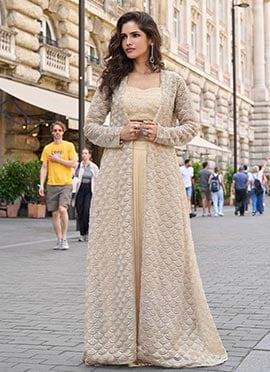 Beige French Crepe Sequins Beads Thread Indowestern Sets and Suits