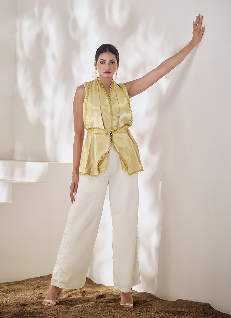 Beige Gaji Silk Lace Work Indowestern Palazzo Set After Six Wear