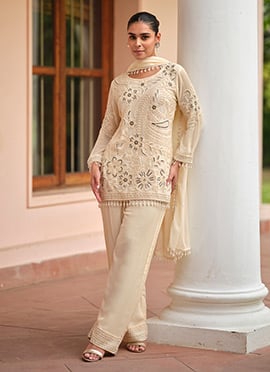 Beige Georgette Beads Sequins Straight Pant Suit