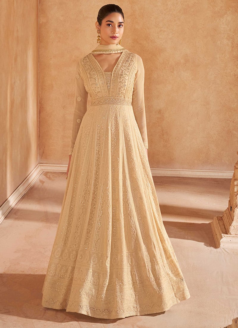 Beige Georgette Chikankari Embroidered Stone Work A Line Anarkali Suit Wedding Wear
