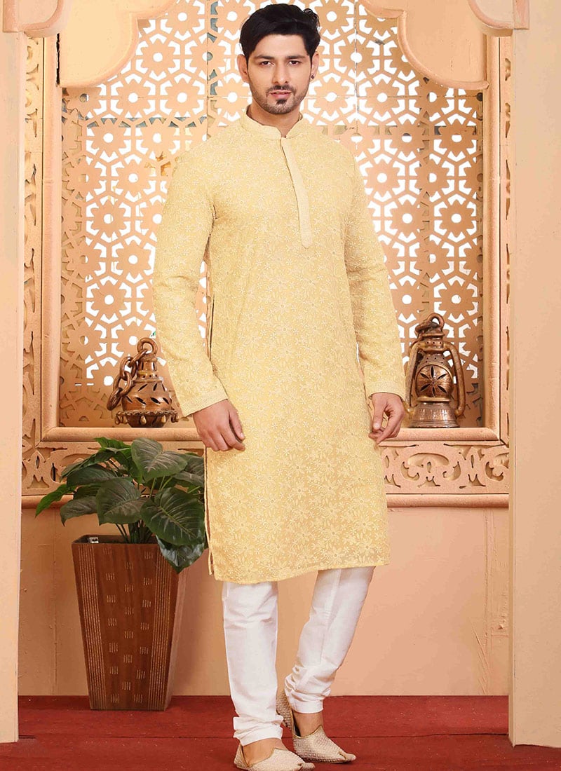 Beige Georgette Chikankari Kurta Pyjama Festive Wear