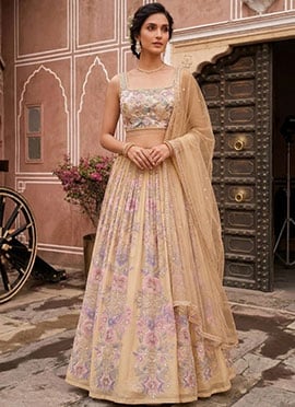 Beige Georgette Cutdana Resham Sequins Embroidered Digital Print Lehenga