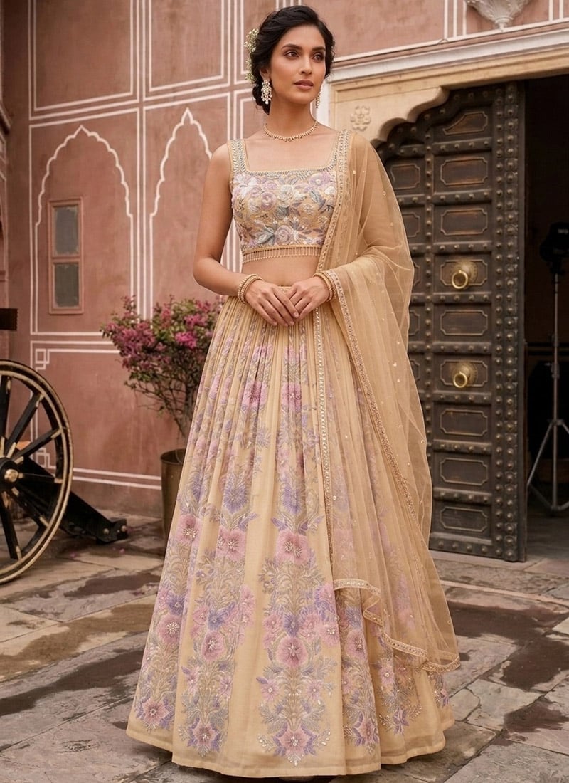 Beige Georgette Cutdana Resham Sequins Embroidered Digital Print Lehenga Wedding Wear