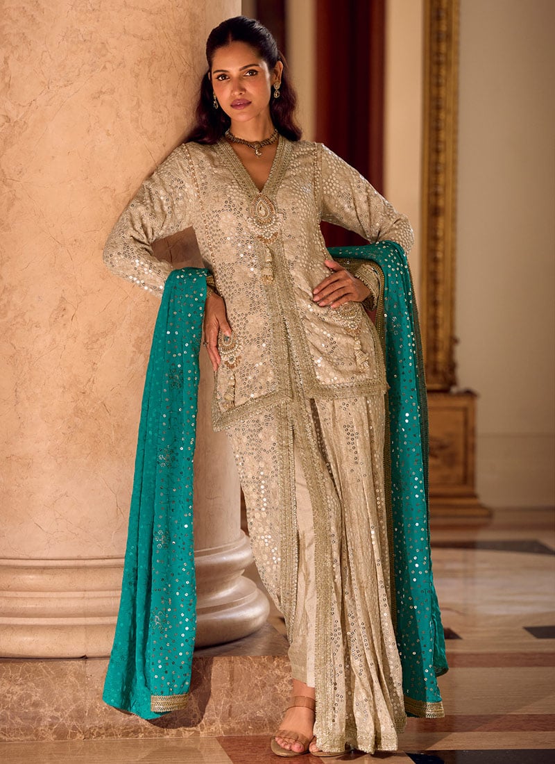 Beige Georgette Dhoti Suit With Hand Embroidered Sequins Wedding Wear