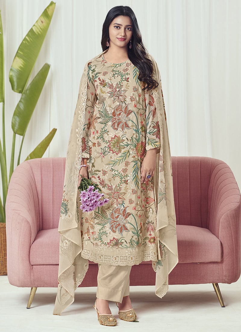 Beige Georgette Digital Print Embroidered Sequins Straight Pant Suit After Six Wear