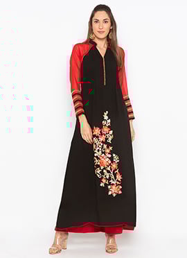 Beige Georgette Embroidered Kurta Palazzo Set