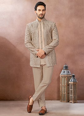 Beige Georgette Embroidered Sequin Open Jodhpuri Indo Western Sherwani