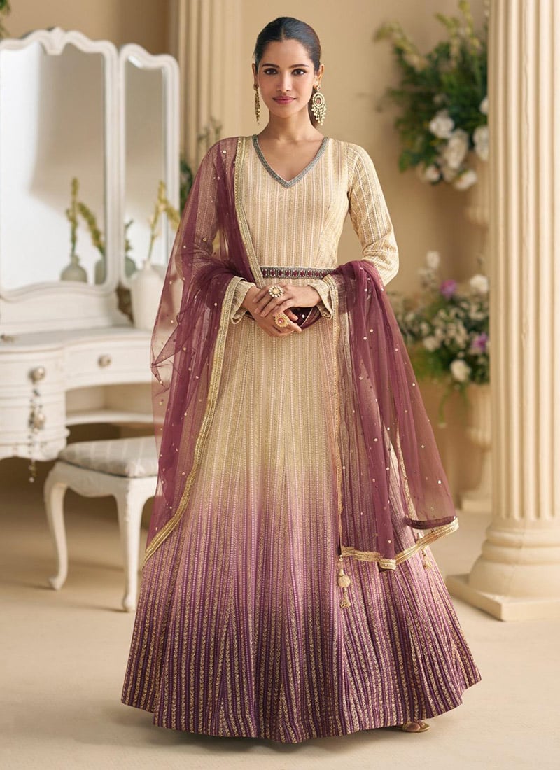 Beige Georgette Embroidered Sequins Chikankari Anarkali Suit Festive Wear