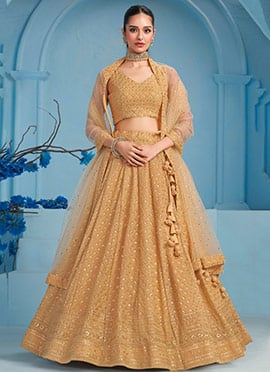 Beige Georgette Embroidered Sequins Lehenga Wedding Wear