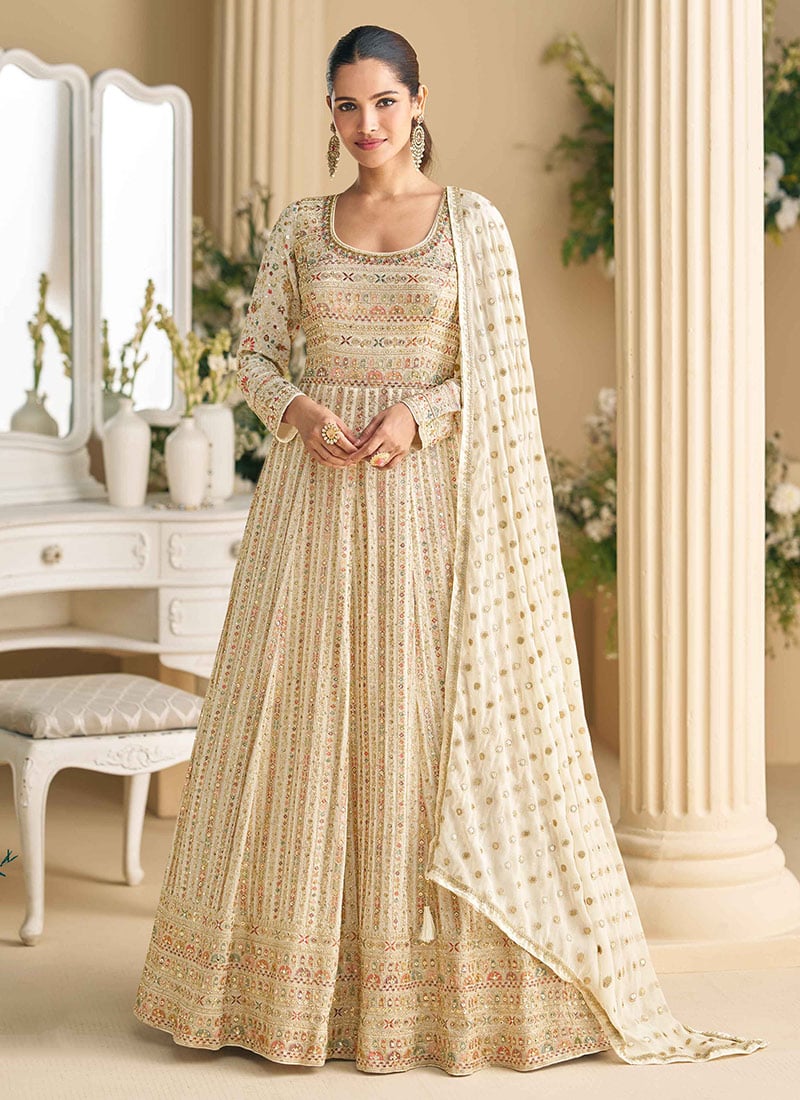 Beige Georgette Embroidered Sequins Stone And Beads Work A Line Anarkali Suit Wedding Wear