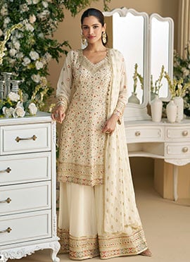 Beige Georgette Embroidered Sequins Stone Work Palazzo Suit