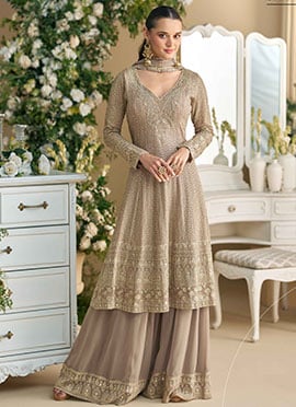 Beige Georgette Embroidered Sequins With Stone Work Pakistani A Line Palazzo Suit