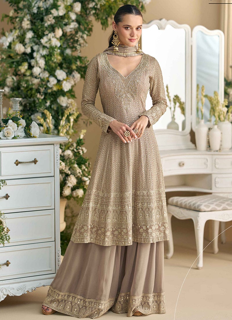 Beige Georgette Embroidered Sequins With Stone Work Pakistani A Line Palazzo Suit Festive Wear