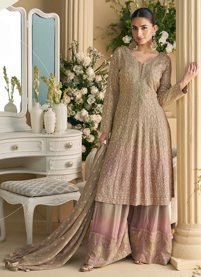 Beige Georgette Embroidered Sequins With Stone Work Pakistani A Line Palazzo Suit Festive Wear