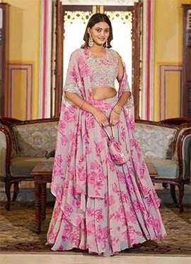 Beige Georgette Floral Printed Embroidered Sequins IndoWestern Skirt Set With Cape