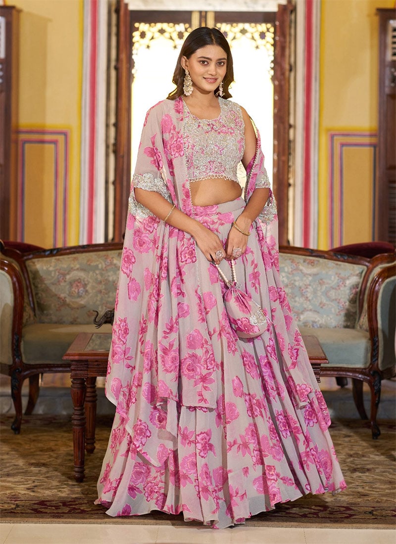 Beige Georgette Floral Printed Embroidered Sequins IndoWestern Skirt Set With Cape After Six Wear