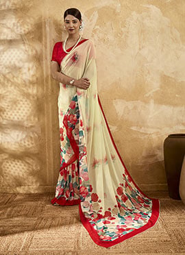 Beige Georgette Floral Printed Saree
