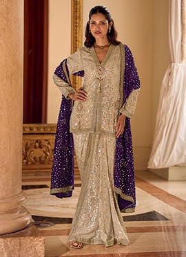 Beige Georgette Hand Embroidered Sequins Dhoti Style Bottom