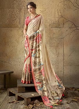 Beige Georgette Printed Saree