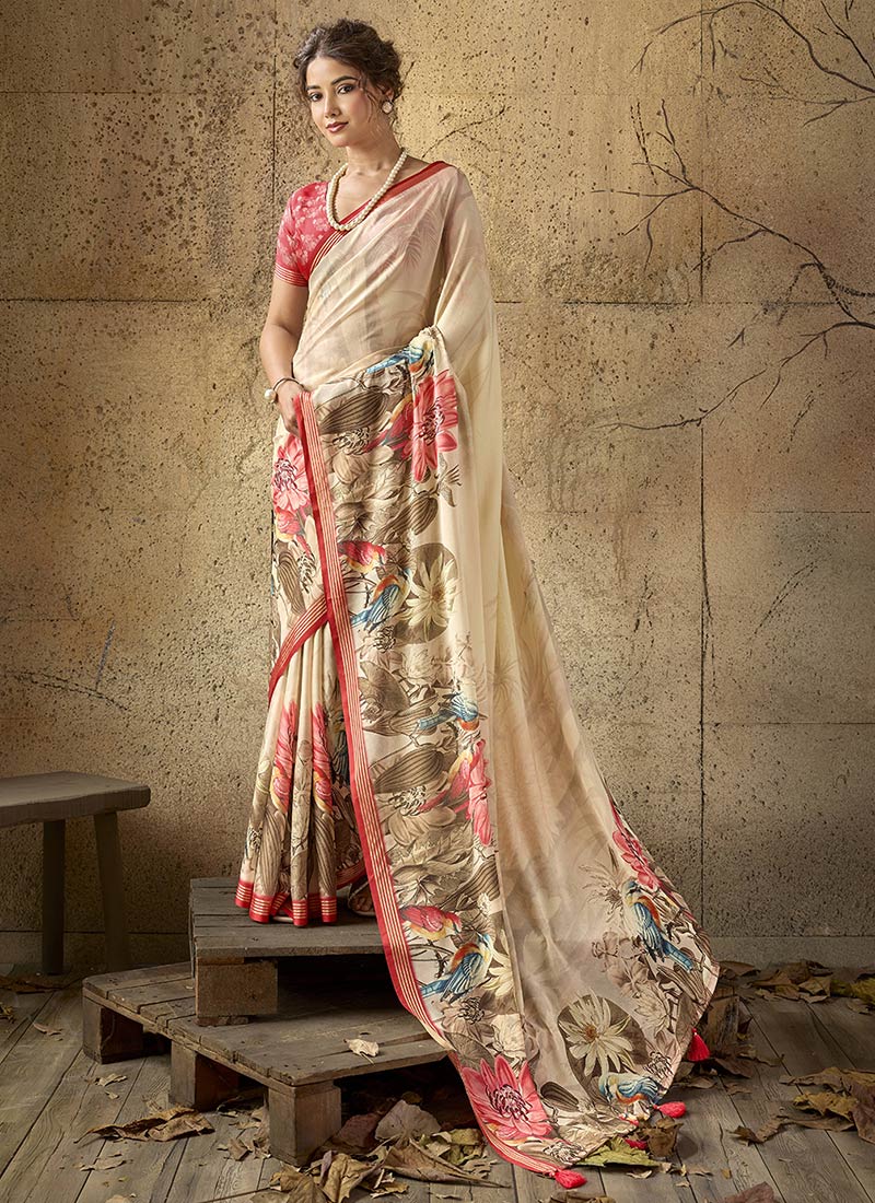 Beige Georgette Printed Saree Leisure Wear