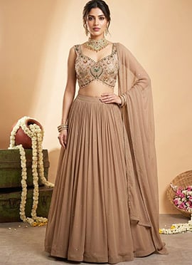 Beige Georgette Sequins Cutdana Stone Hand Embroidery Lehenga