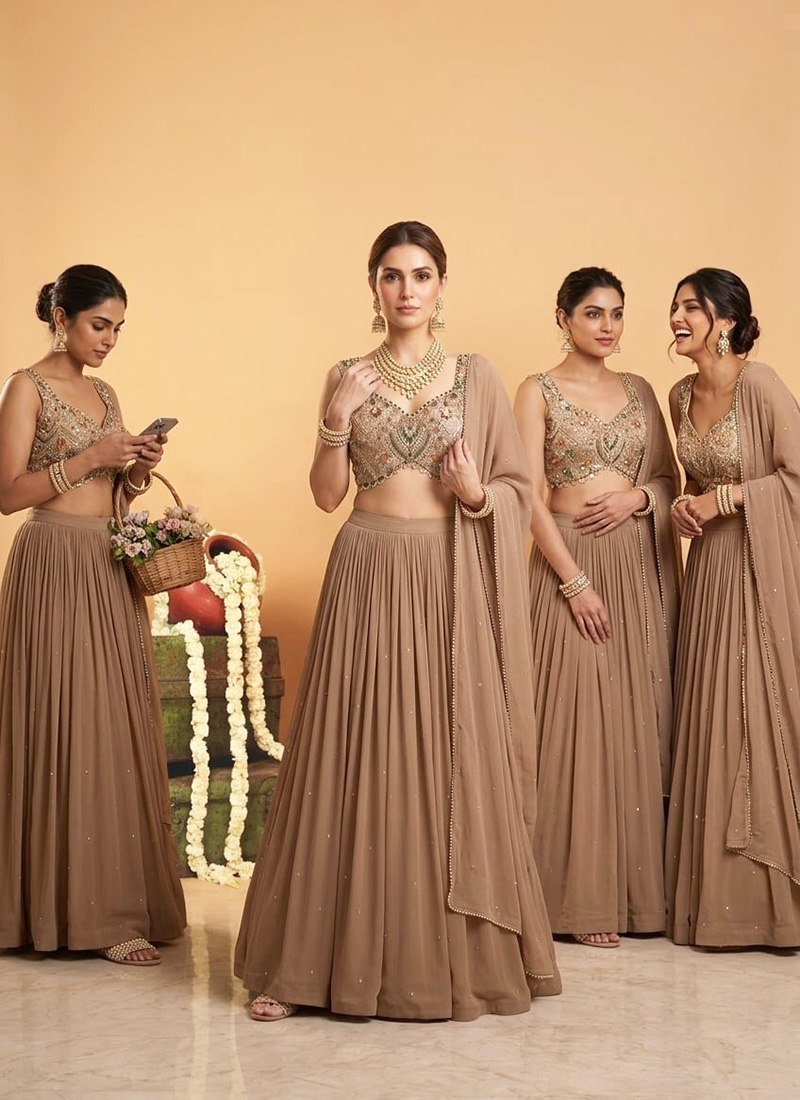Beige Georgette Sequins Cutdana Stone Hand Embroidery Lehenga Wedding Wear