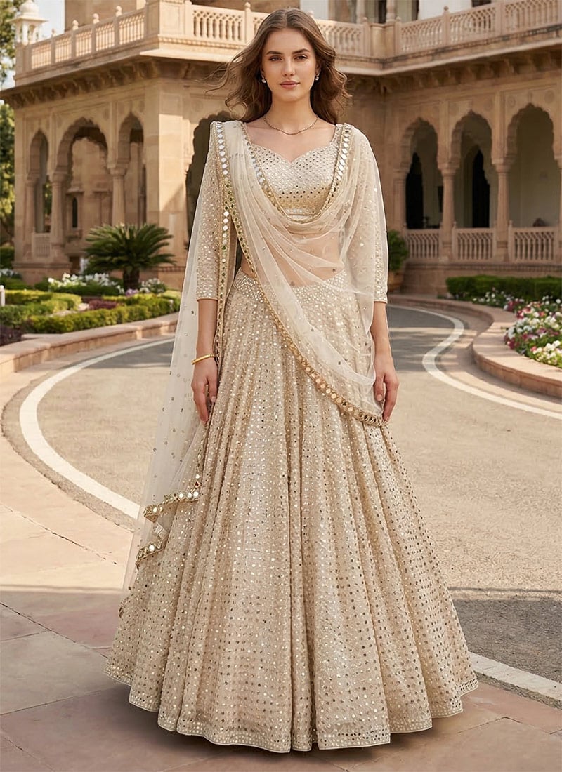 Beige Georgette Sequins Lehenga Wedding Wear