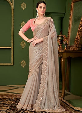 Beige Georgette Silk Zari Embroidered Sequins Saree