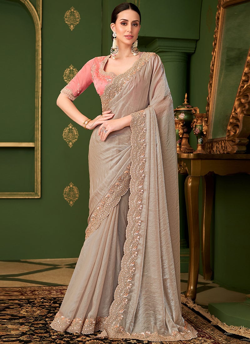 Beige Georgette Silk Zari Embroidered Sequins Saree Wedding Wear