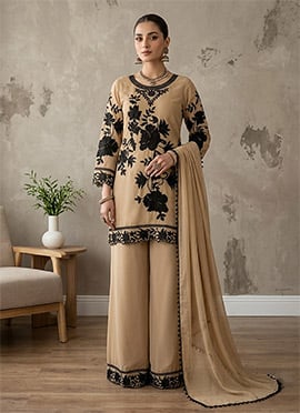 Beige Georgette Thread Embroidered Palazzo Suit