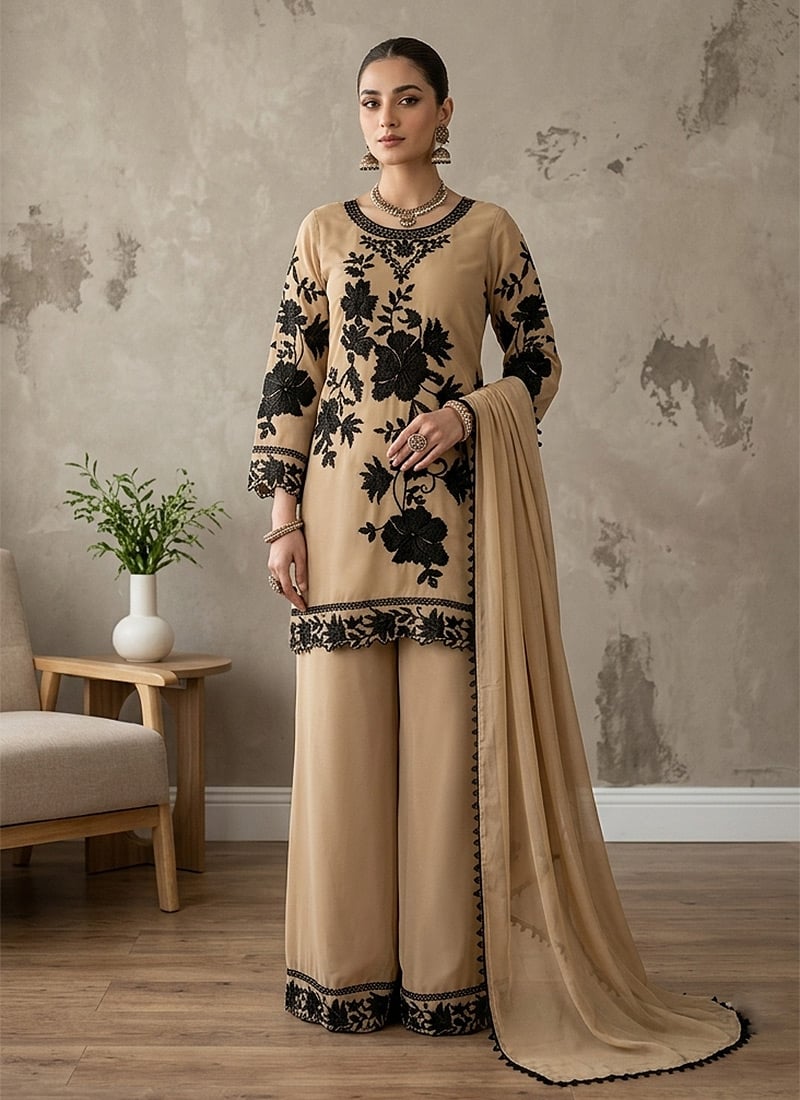 Beige Georgette Thread Embroidered Palazzo Suit After Six Wear
