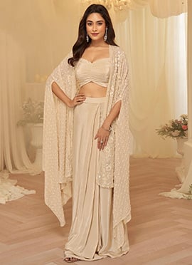 Beige Georgette Threadwork Sequins Beads Stones Indowestern Suit