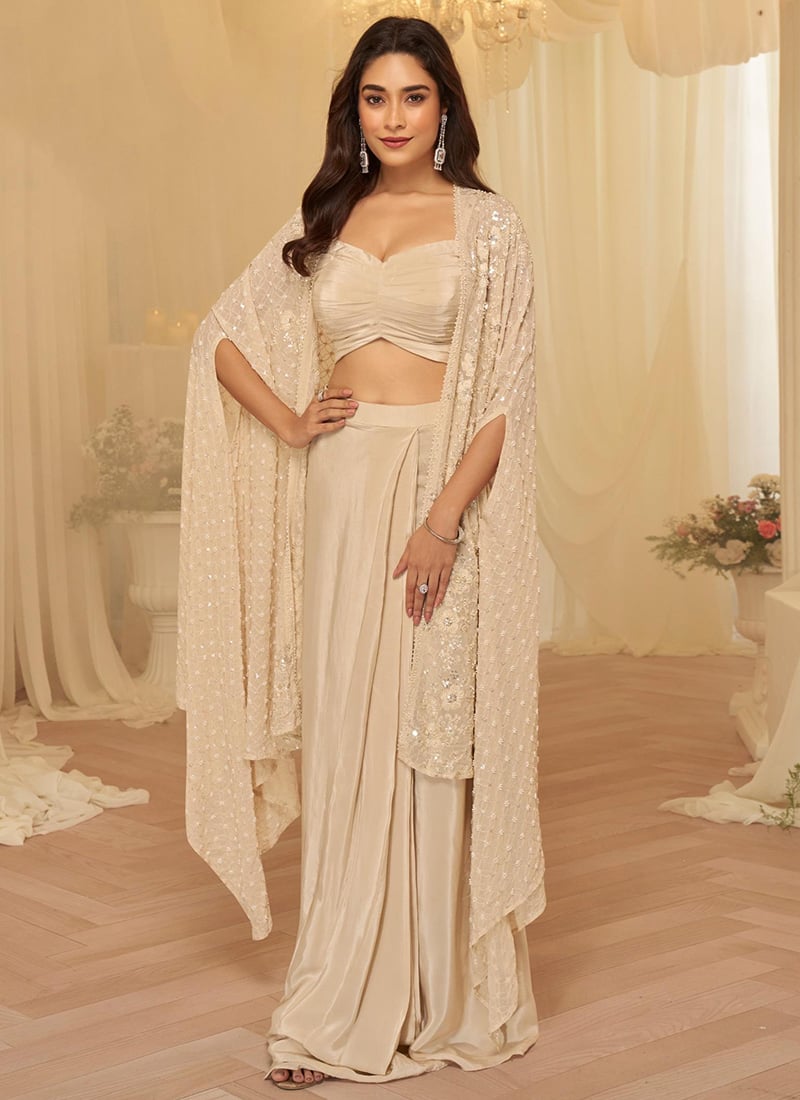 Beige Georgette Threadwork Sequins Beads Stones Indowestern Suit Wedding Wear