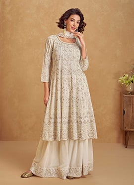 Beige Georgette Zari Embroidered Sequins A Line Palazzo Suit Festive Wear