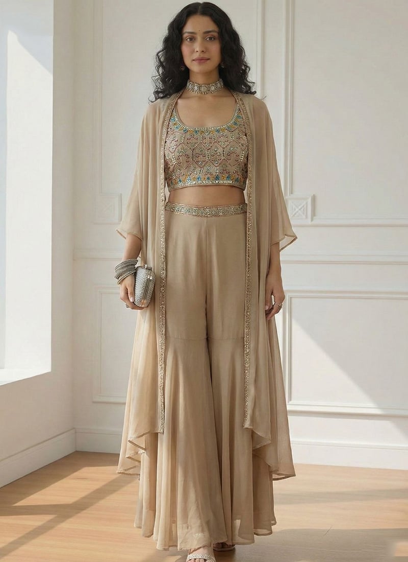 Beige Georgette Zari Embroidered Sequins Indowestern Jacket Set After Six Wear