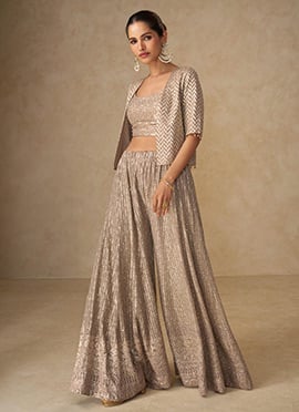 Beige Georgette Zari Hand Embroidered Indowestern Crop Top And Jacket Palazzo Set