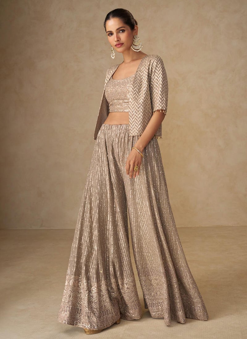 Beige Georgette Zari Hand Embroidered Indowestern Crop Top And Jacket Palazzo Set Wedding Wear
