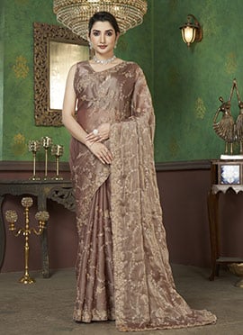 Beige Georgette Zari Hand Embroidered Sequins And Beads Work Saree