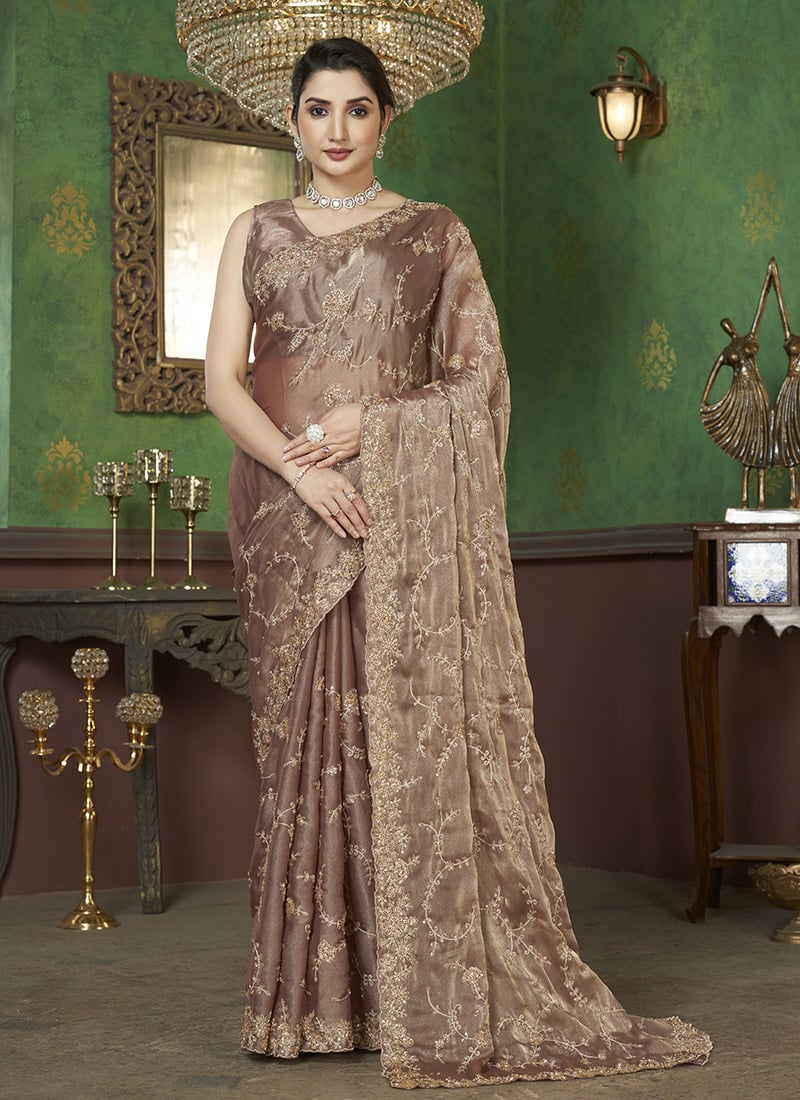 Beige Georgette Zari Hand Embroidered Sequins And Beads Work Saree  Wedding Wear