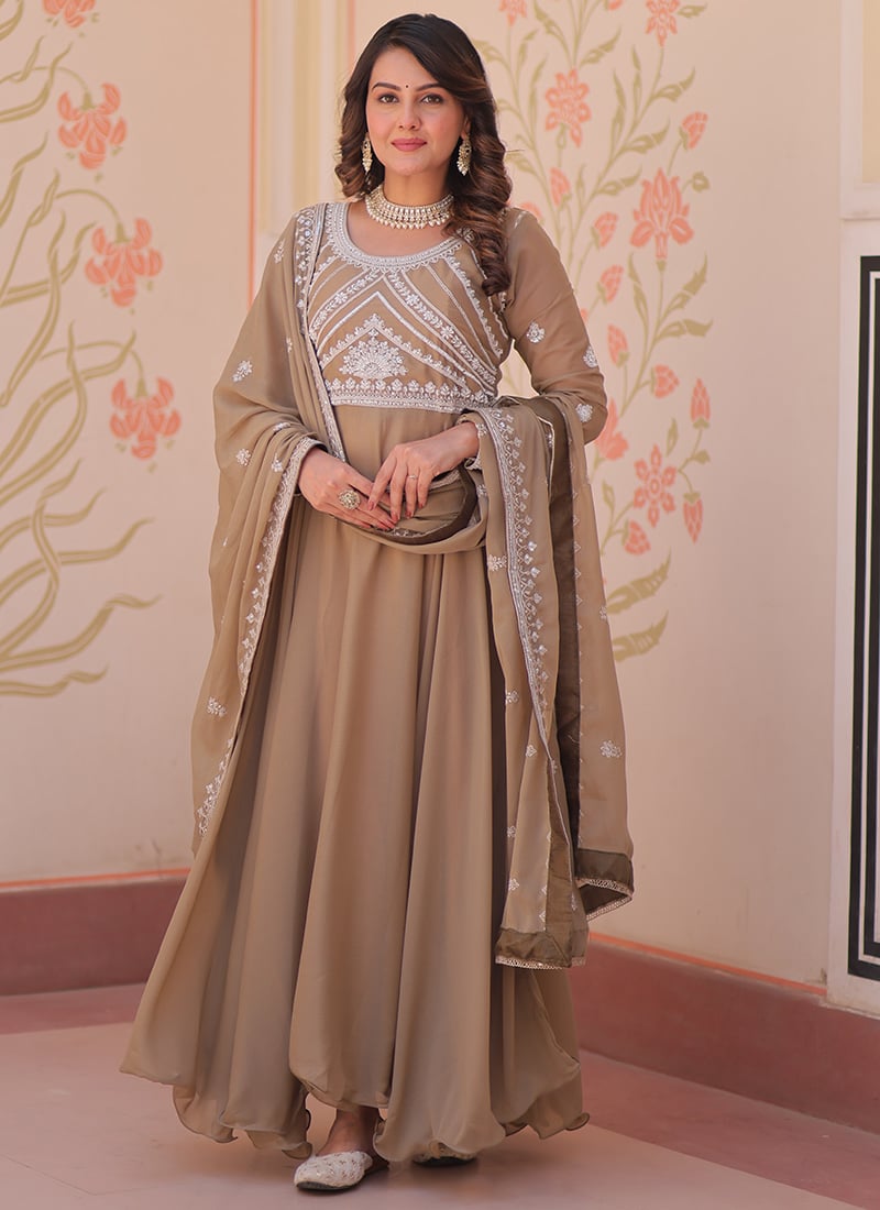 Beige Georgette Zari Sequins Embroidered Anarkali After Six Wear