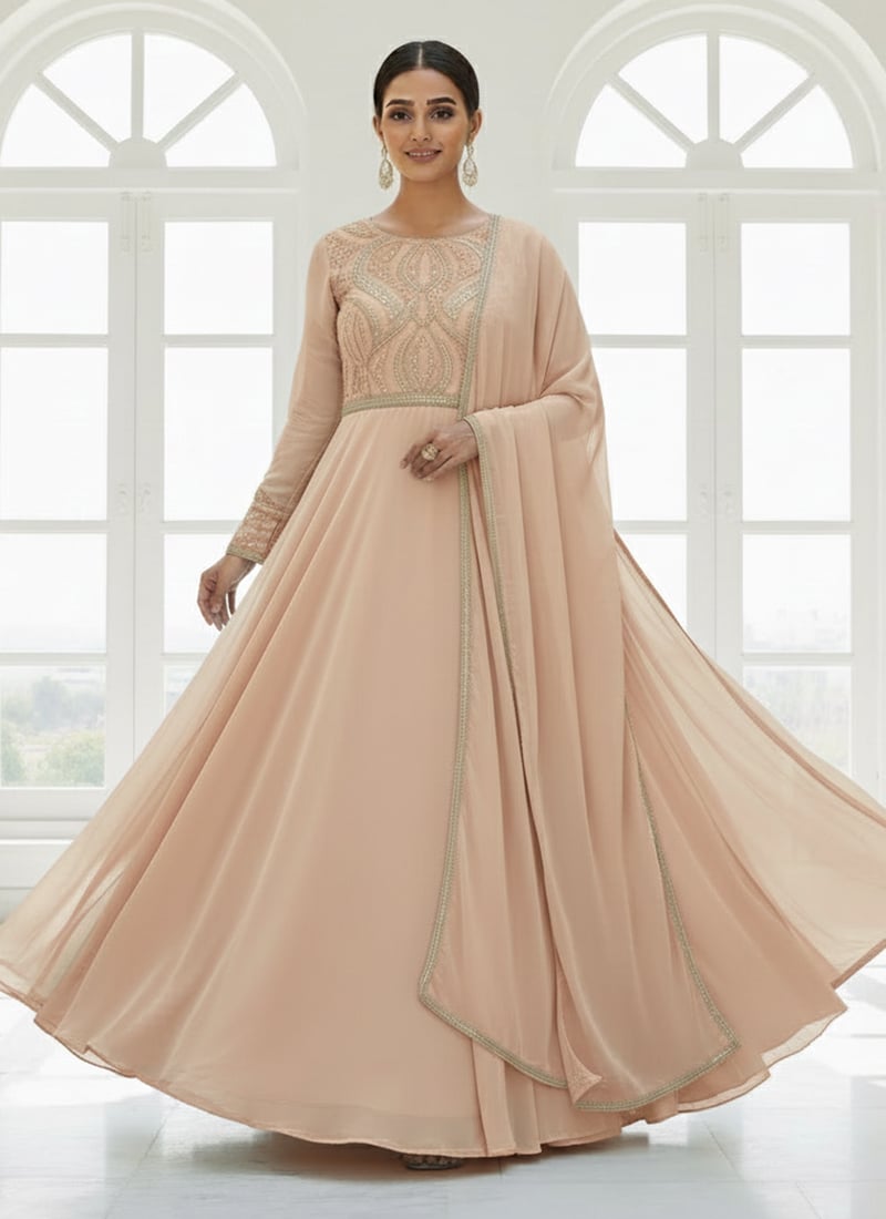 Beige Georgette Zari Sequins Hand Embroidered Anarkali Suit Festive Wear