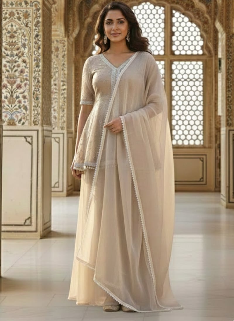 Beige Georgette Zari Sequins Peplum Style Kurti Palazzo Suit Festive Wear