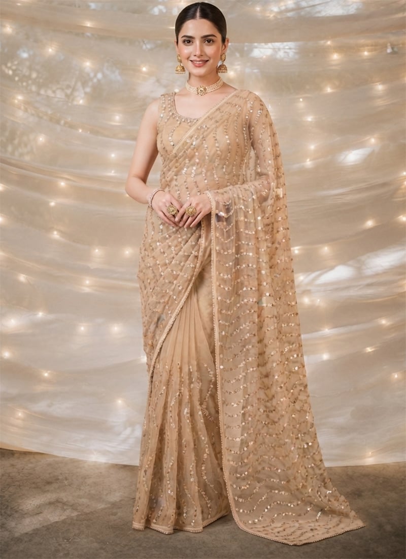 Beige Gold Net Beads Embroidered Sequins Saree Wedding Wear