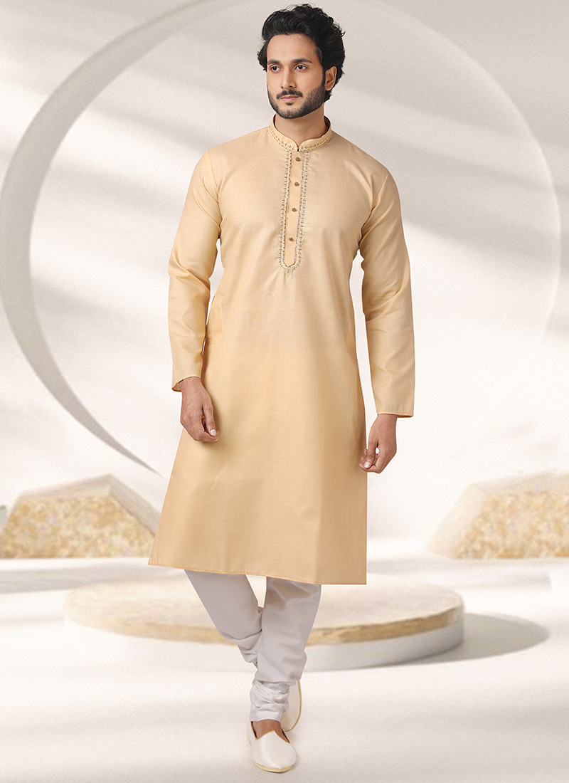 Beige Handloom Cotton Kurta Pyjama