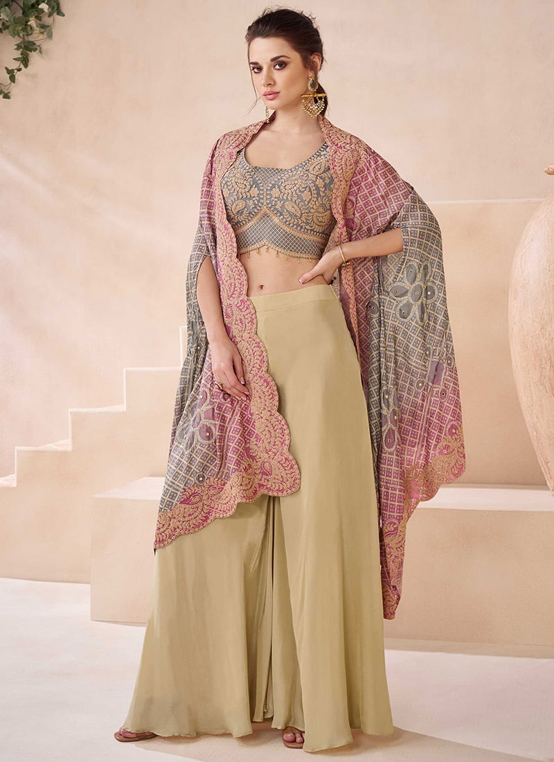 Beige Indowestern Sets With Jacket In Georgette Embroidered For Stylish Wear