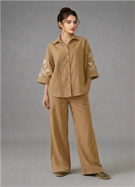Beige Ivory Bloom Linen Cotton Co Ord Set